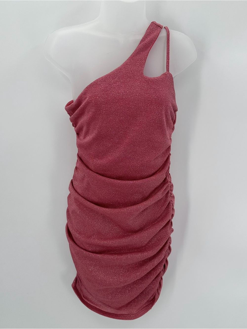 SUPERDOWN Dress Womenโs M Pink Sparkle One shoulder Mini Bodycon Cutout Baddie